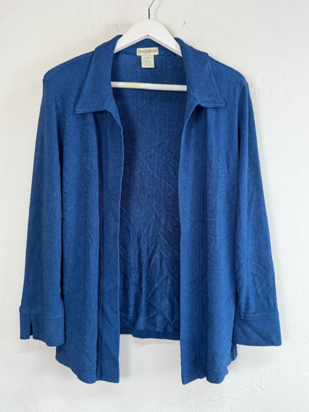 TravelSmith Womens Size LP Blue Open Front Textured Knit Jacket Cardigan Stretch